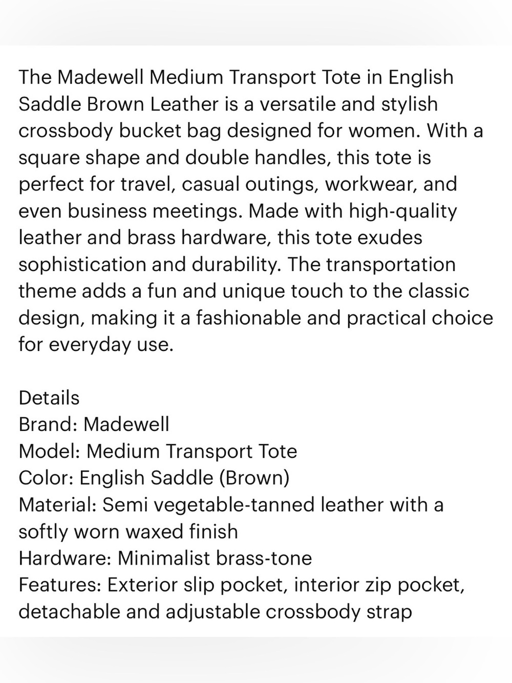 Madewell Medium Transport Tote English Saddle Brown Leather Crossbody Bucket Bag - Picture 11 of 11